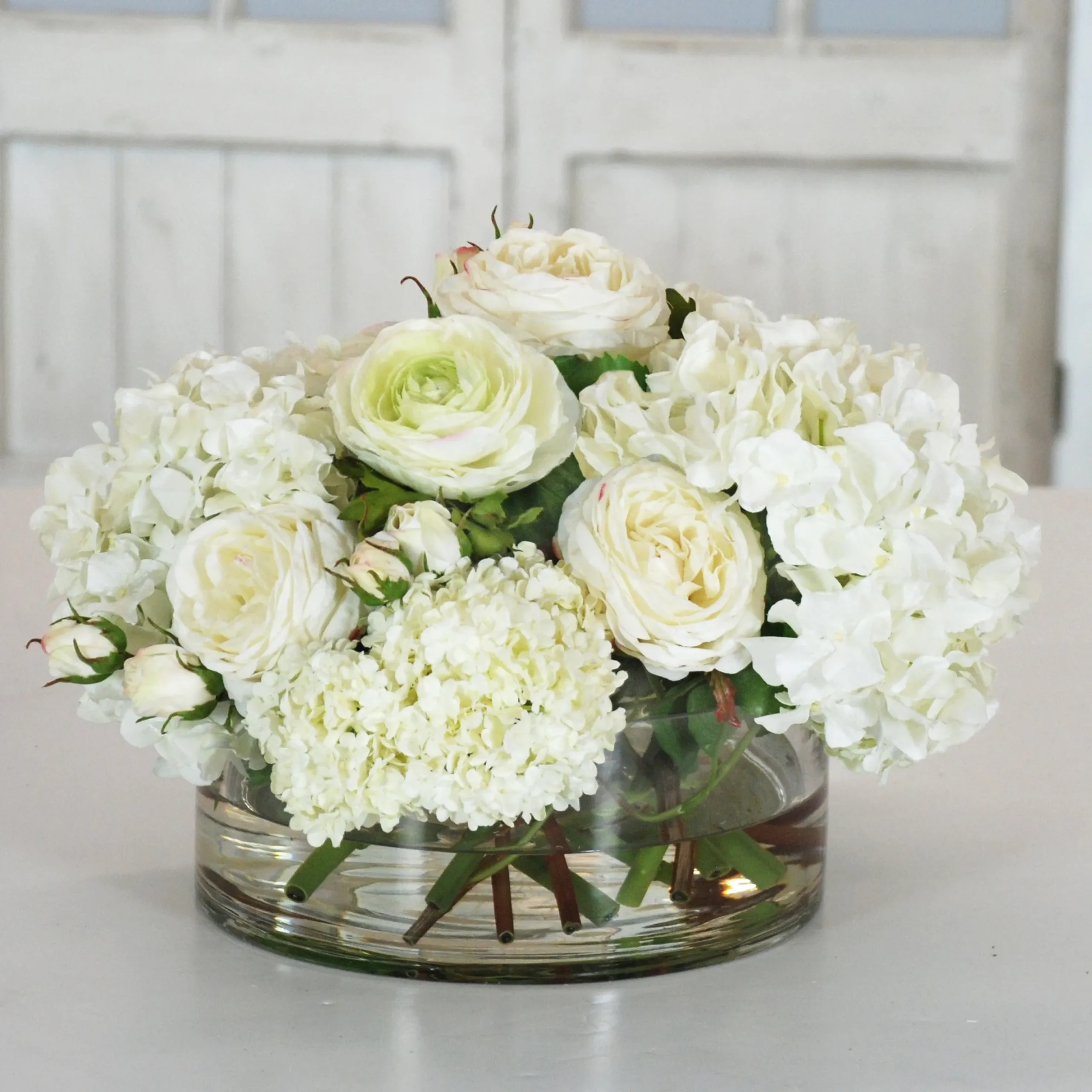 Hydrangea & Snowball in Clear Vase 15" Wide