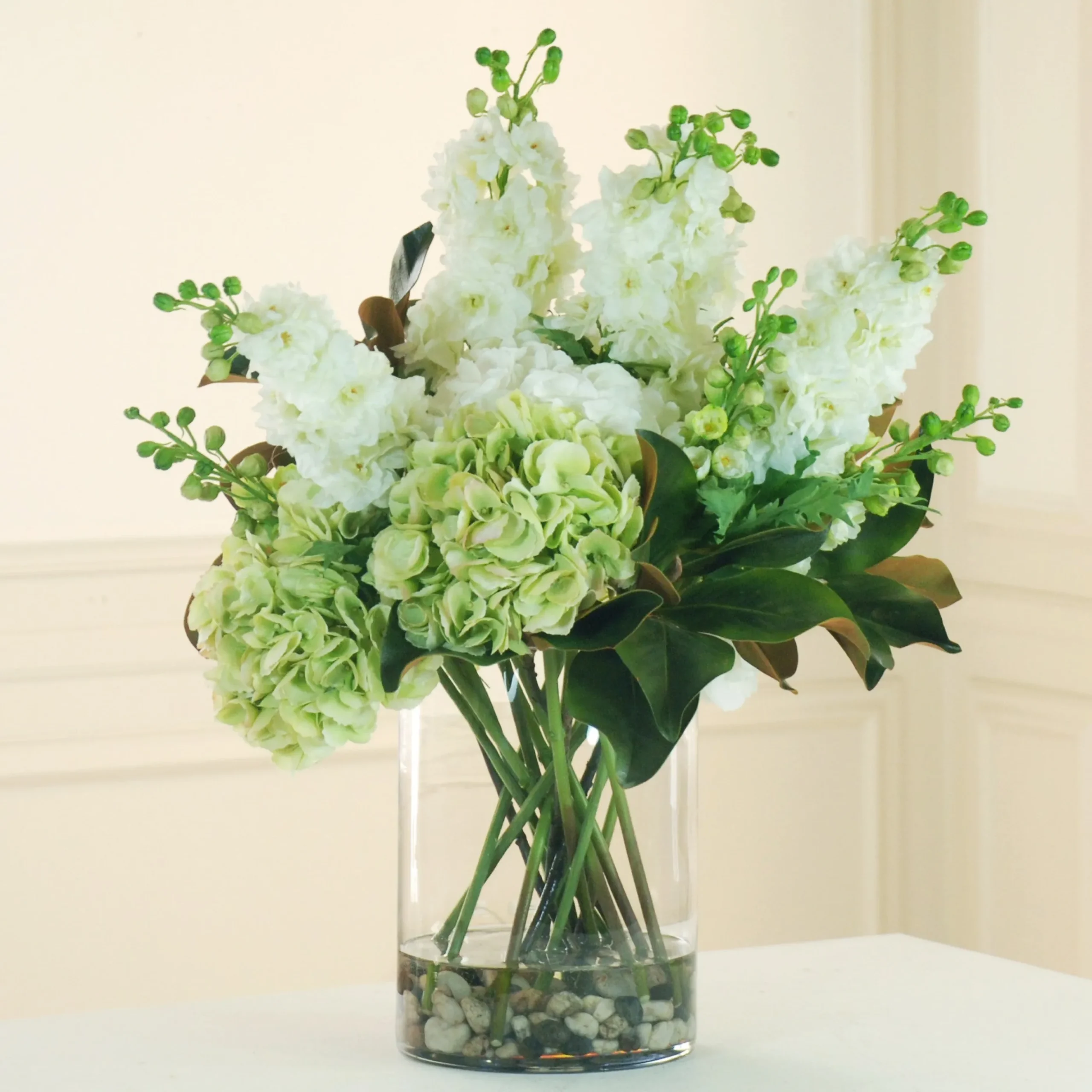 HYDRANGEA AND DELPHINIUM IN GLASS (DP713-WHGR)