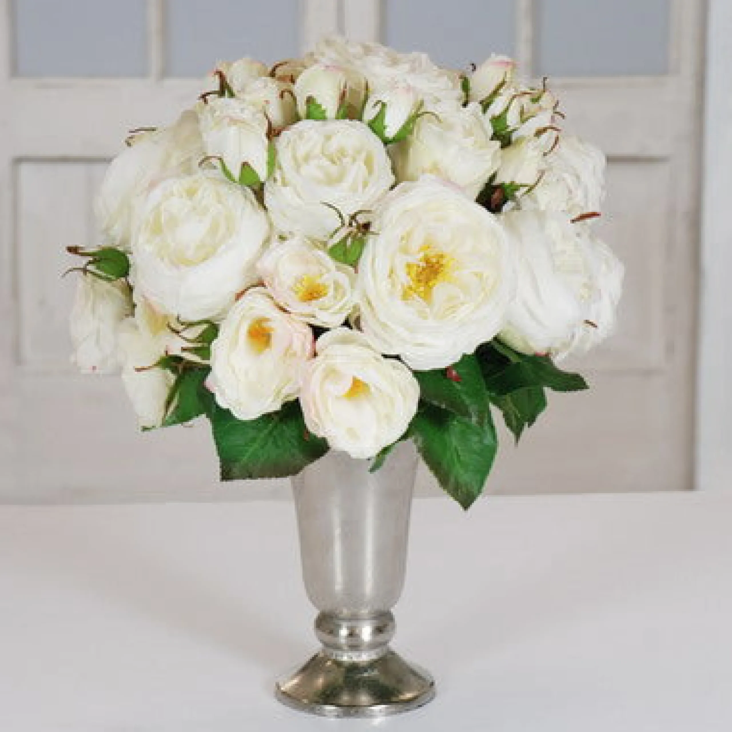 White Roses in Silver Trumpet Case 16"